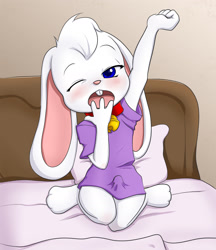 Size: 1589x1842 | Tagged: suggestive, artist:pate, oc:kevin snowpaw, lagomorph, mammal, rabbit, anthro, boy, cub, male, plantigrade, solo boy, solo cub, solo male, young, bed, bedroom, blue eyes, blushing, bottomless, clothing, fur, indoors, kneeling, long shirt, looking at you, on bed, one eye closed, open mouth, solo, teeth, waking up, white fur, yawning