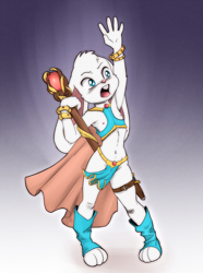 Size: 1500x2014 | Tagged: safe, artist:pate, colorist:jeffy cottonbun, oc:kevin snowpaw, lagomorph, mammal, rabbit, male, anger, blue eyes, blushing, clothing, fur, loincloth, nipples, skimpy outfit, staff, white fur