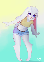 Size: 2480x3508 | Tagged: safe, artist:synnful tiger, oc:kevin snowpaw, lagomorph, mammal, rabbit, boy, cub, femboy, male, solo boy, solo cub, solo male, young, belly, blue eyes, blushing, fur, navel, shorts, solo, tank top, white fur