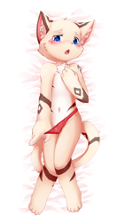 Size: 1080x1920 | Tagged: suggestive, artist:nobusuke, oc:nobusuke, cat, felid, mammal, anthro, boy, cub, male, solo boy, solo cub, solo male, young, 4 fingers, 4 toes, blue eyes, blushing, bulge, clothing, featureless chest, feet, fingers, fur, kemono, kemoshota, lying, navel, on back, open mouth, panties, solo, tan fur, toes, underwear, underwear pull, undressing, undressing self, white fur