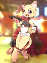 Size: 1080x1440 | Tagged: suggestive, artist:nobusuke, artist:wuwu, collaboration, oc:nobusuke, cat, felid, mammal, anthro, boy, cub, male, solo boy, solo cub, solo male, young, series:cub cafe, photo background, 3 toes, 4 fingers, barefoot, beverage, blurred background, blushing, bowtie, briefs, brown fur, bulge, clothing, clumsy, cuff links, cup, drinking glass, feet, fingers, fur, glass, glass cup, indoors, kemono, kemoshota, looking at you, navel, on one leg, open mouth, purple eyes, restaurant, serving tray, shirt cuffs, skimpy outfit, solo, standing, sweat, tan fur, toes, underwear, vest, waiter, white fur, wine glass