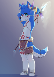 Size: 1787x2526 | Tagged: safe, artist:nobusuke, oc:winter wolfy, canid, mammal, wolf, anthro, boy, cub, male, solo boy, solo cub, solo male, young, adjusting hair, blue eyes, blue fur, bodypaint, bulge, clothing, facial paint, featureless chest, fur, hair, loincloth, looking at you, navel, painted belly, ponytail, solo, spear, standing, topless, tribal, weapon, white fur