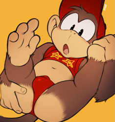 Size: 669x713 | Tagged: suggestive, artist:dandi, diddy kong, mammal, monkey, primate, spider monkey, anthro, boy, cub, cubs only, male, solo boy, solo cub, solo male, young, donkey kong series, colored, digital, flat colored, ball cap, barefoot, belly, bulge, butt, crop top, hat, legs up, navel, on back, open mouth, prehensile feet, solo, surprised