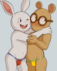 Size: 1493x1868 | Tagged: suggestive, artist:dandi, arthur read, buster baxter, aardvark, lagomorph, lapine, mammal, rabbit, anthro, anthro/anthro, boy, boy/boy, cub, cub/cub, cubs only, male, male/male, males only, young, young/young, arthur, cel shaded, digital, blushing, buckteeth, bulge, clothing, duo, embarrassed, g-string, hug, looking away, low-riding, smiling, topless