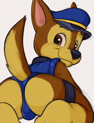 Size: 641x845 | Tagged: suggestive, artist:dandi, chase, canid, dog, german shepherd, mammal, boy, cub, male, solo cub, solo male, young, paw patrol, colored, flat colored, unfinished, barefoot, bulge, butt, crop top, g-string, hat, kneeling, looking at you, looking back, looking back at you, pinup, police hat, raised tail, rear view, solo