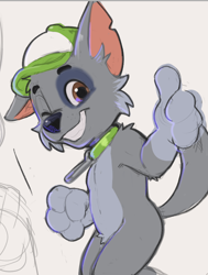 Size: 652x861 | Tagged: safe, artist:dandi, rocky, canid, dog, mammal, mutt, anthro, boy, cub, male, solo male, young, paw patrol, sketch, anthrofied, ball cap, collar, cropped, gesture, hat, looking at you, nudity, smiling, smiling at you, solo, thumbs up, winking at you