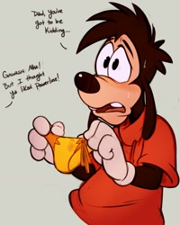 Size: 1297x1620 | Tagged: safe, artist:dandi, max goof, canid, dog, mammal, boy, male, solo boy, solo male, solo teen, teen, young, disney, goof troop, fully shaded, blushing, clothing, dialogue, embarrassed, english text, hoodie, off-screen character, panties, solo, speedo, swimsuit, underwear