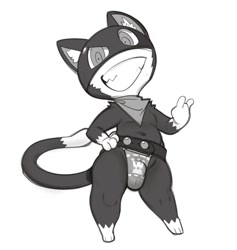 Size: 1030x1086 | Tagged: safe, artist:submarine_screw, morgana (persona), cat, felid, mammal, tuxedo cat, anthro, chubby, cub, male, solo male, young, persona series, colored, digital, flat colored, lines, monochrome, bulge, clothing, contrapposto, digitigrade, full-length portrait, fundoshi, fundoshi only, gesture, hand on hip, long tail, looking at you, mask, navel, neckerchief, sign of the horns, smiling, smiling at you, solo, standing, toothy grin, wearing mask, wide hips
