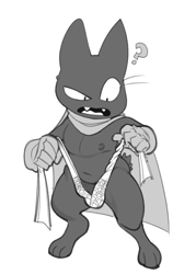 Size: 864x1210 | Tagged: safe, artist:submarine_screw, mao mao, cat, felid, mammal, anthro, chubby, cub, male, solo male, young, mao mao: heroes of pure heart, colored, digital, flat colored, lines, monochrome, barefoot, black fur, cape, confused, digitigrade, full-length portrait, fundoshi, fur, getting dressed, gloves, looking at self, looking down, looking down at self, musclegut, nipples, open mouth, pecs, solo