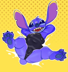 Size: 1370x1446 | Tagged: safe, artist:submarine_screw, stitch, experiment (species), anthro, chubby, cub, male, plantigrade, solo cub, solo male, young, disney, lilo and stitch, fully shaded, arms behind head, bulge, clothing, legs up, looking at you, lounging, moobs, navel, on back, open legs, open mouth, pawpads, pinup, smiling, smiling at you, solo, splash, sukumizu, swimsuit, wide hips