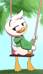 Size: 2000x3468 | Tagged: safe, artist:limettin, louie duck, avian, bird, duck, chubby, cub, solo cub, young, ducktales, ducktales (2017), cel shaded, digital, bedroom eyes, bottomless, butt, clothing, hoodie, licking lips, looking at you, looking back, looking back at you, rear view, sitting, solo, swing