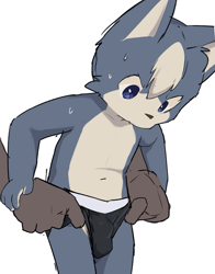 Size: 785x1000 | Tagged: safe, artist:marimo manmosu, oc:ichi inukai, canid, dog, mammal, adult, adult/cub, adult/young, anthro, anthro/anthro, cub, series:inukai brothers, digital, sketch, age difference, blue eyes, boxer-briefs, bulge, clothing, disembodied hand, duo, looking down, solo focus, topless, underwear, wedgie