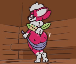 Size: 1200x1015 | Tagged: suggestive, artist:fatzoimp, chip (sonic), mammal, anthro, cub, young, sonic series, colored, flat colored, butt, digitigrade, indoors, looking at you, looking back, looking back at you, neck fluff, nudity, rear view, sauna, smiling at you, smirking at you, solo, standing, towel
