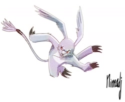 Size: 1280x1040 | Tagged: safe, artist:nimadj, gazimon, mammal, ambiguous gender, cub, solo cub, young, digimon, ambiguous media, digital, action pose, front view, jumping, leather straps, looking away, solo
