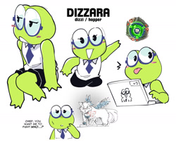 Size: 1264x1044 | Tagged: safe, artist:sonokido, wolborg, oc:dizzi, amphibian, canid, frog, human, mammal, wolf, chibi, feral, beyblade, colored, flat colored, blushing, clenched eyes, closed eyes, computer, dialogue, english text, gesture, glasses, green body, laptop, looking at you, looking away, multiple images, multiple poses, nerd, on side, pointing, pointing up, sitting, solo, solo focus, standing, struggling, talking to you