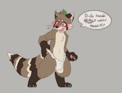 Size: 1778x1354 | Tagged: safe, artist:jasperhart, mammal, tanuki, anthro, male, colored, digital, flat colored, blushing, dialogue, digitigrade, embarrassed, english text, fundoshi, fundoshi only, looking at self, looking down, looking down at self, nervous, open mouth, pawpads, solo, wide hips