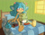 Size: 1235x975 | Tagged: suggestive, artist:twentyfur, generation 5 pokemon, mammal, pokemon (species), primate, simipour, ambiguous gender, anthro, pokémon, cel shaded, anthrofied, bedroom, bottomless, clothing, dildo, heart, indoors, knotted dildo, pegging harness, sex toy, sitting, solo, strapon, substitute plushie