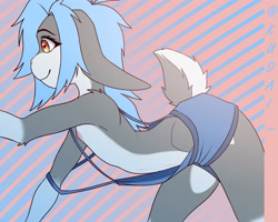 Size: 3000x2400 | Tagged: safe, artist:kudai, oc:kudai, lagomorph, lapine, mammal, rabbit, anthro, boy, cub, femboy, male, solo boy, solo cub, solo kid, solo male, young, butt, clothing, fur, hair, nipples, skimpy outfit, smiling, solo