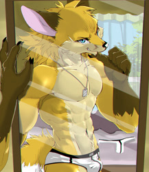 Size: 2074x2392 | Tagged: suggestive, artist:karura, canid, fox, mammal, red fox, anthro, male, man, muscular, solo adult, solo male, solo man, abs, bed, black nose, blue eyes, brown body, brown fur, bulge, cheek tuft, claws, clothing, curtains, detailed background, facial tuft, finger claws, fur, furniture, glove markings, indoors, kemono, looking at mirror, looking at self, looking at you, markings, mirror, mirror reflection, navel, orange body, orange fur, plant, pov, pupils, slit pupils, smiling, smirk, snout, solo, topless, tree, tuft, underwear, underwear only, white body, white clothing, white fur, white underwear