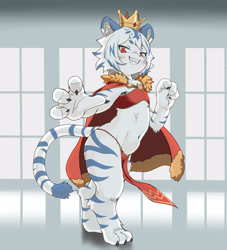 Size: 3000x3300 | Tagged: safe, artist:karura, oc:azura safir, big cat, felid, mammal, tiger, anthro, boy, cub, male, solo boy, solo cub, solo kid, solo male, young, bottomwear, bulge, cape, claws, clothing, crown, finger claws, fur, headwear, kemono, loincloth, navel, prince, red eyes, royalty, skimpy outfit, solo, standing, striped body, striped fur, stripes, white body, white fur