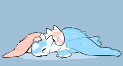 Size: 1999x1084 | Tagged: safe, artist:bittybat, generation 2 pokemon, latias, latios, mammal, pokemon (species), ambiguous gender, cub, feral, young, pokémon, colored, digital, flat colored, closed eyes, duo, fuzzy, on front, size difference, sleeping