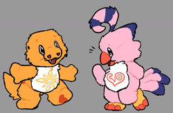 Size: 1827x1200 | Tagged: safe, artist:bittybat, agumon (adventure), biyomon (adventure), agumon, avian, bird, biyomon, lizard, reptile, anthro, chibi, semi-anthro, care bears, digimon, digimon adventure, colored, digital, flat colored, belly markings, crest of courage, crest of love, duo, front view, looking at another, looking at each other, open mouth, smiling at each other, standing, style parody