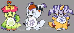 Size: 2000x895 | Tagged: safe, artist:bittybat, gabumon (adventure), gomamon (adventure), palmon (adventure), flora fauna, gabumon, gomamon, lizard, palmon, reptile, anthro, chibi, chubby, plantigrade, semi-anthro, care bears, digimon, digimon adventure, colored, digital, flat colored, anthrofied, arms behind back, belly markings, fang, flower, fur, fur pelt, hand on hip, horn, line up, looking at you, mohawk, nervous, shuffling, shy, standing, style parody, teeth, trio, waving at you