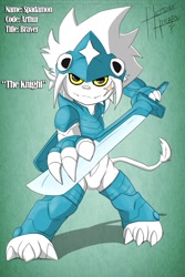 Size: 853x1280 | Tagged: safe, artist:heibanhikaru, oc:arthur the spadamon, digimon (species), felid, mammal, spadamon, anthro, cub, male, semi-anthro, young, digimon, fully shaded, reference sheet, english text, featureless crotch, feet, fighting stance, fingers, looking at you, melee weapon, scar, solo, sword, tail, text, toes, weapon, wide stance
