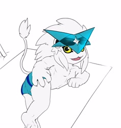 Size: 2840x3000 | Tagged: safe, artist:heibanhikaru, oc:arthur the spadamon, felid, mammal, spadamon, anthro, athletic, cub, male, plantigrade, semi-anthro, solo cub, young, digimon, colored, flat colored, lines, barefoot, beach, bulge, clothing, hand on hip, headwear, looking at you, looking back, looking back at you, mane, on side, open mouth, solo, tail tuft, topless