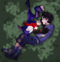 Size: 1988x2048 | Tagged: safe, artist:mikarus, human, imp, impmon, mammal, mythological creature, anthro, cub, male, males only, teen, young, digimon, digital, fully shaded, duo, fleshy horns, gloves, high-angle view, neckerchief, on ground, on side, outdoors, size difference, sleeping