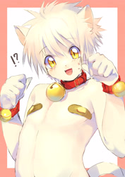 Size: 2894x4093 | Tagged: suggestive, artist:4040tinta, cat, felid, human, hybrid, kemonomimi, mammal, anthro, boy, cub, male, solo boy, solo cub, solo kid, solo male, young, 5 fingers, bandage, bandage on nipples, bell, bell bracelet, bell collar, blush lines, blushing, bodily fluids, collar, fang, fingers, fur, hair, kemono, looking at you, open mouth, open smile, pupils, red collar, slit pupils, smiling, smiling at you, solo, sweat, sweatdrop, teeth, topless, ventral groove, white body, white ears, white fur, white hair, yellow eyes