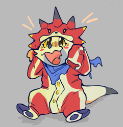 Size: 1502x1561 | Tagged: safe, artist:dazedjazzer, gammamon (ghost game), dragon, gammamon, mythological creature, anthro, cub, male, solo cub, young, digimon, digimon ghost game, colored, edit, flat colored, clothing, excited, front view, hood up, looking up, neckerchief, onesie, open mouth, sitting, smiling, solo