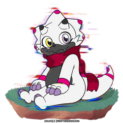 Size: 1920x1920 | Tagged: safe, artist:mrpandragon, oc:taili, gammamon, chubby, cub, male, young, digimon, colored, digital, flat colored, alternate color, fang, hands on thighs, heterochromia, looking at you, scarf, sitting, solo, teeth