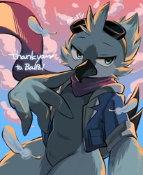 Size: 1240x1515 | Tagged: safe, artist:gz8ty, oc:roger (balpal), avian, bird, anthro, cub, male, slender, solo male, young, backlit, beak, bottomless, clothing, feather fingers, featureless crotch, floating feathers, front view, goggles, goggles on head, jacket, leather jacket, looking at you, naughty face, open jacket, scarf, selfie, solo, standing, wide hips, winged arms, wings