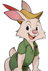 Size: 585x870 | Tagged: safe, artist:dandi, skippy, lagomorph, mammal, rabbit, anthro, cub, male, solo cub, solo male, young, disney, robin hood movie, alternate outfit, bottomless, buckteeth, bycocket, clothing, costume, half-length portrait, hat, headwear, leaning forward, looking at you, open mouth, smiling, solo, standing