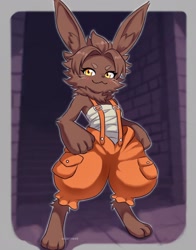 Size: 1606x2048 | Tagged: safe, artist:liet4649, bilac, lagomorph, mammal, rabbit, anthro, cub, female, solo female, young, shangri-la frontier, cel shaded, digital, baggy clothing, clothing, digitigrade, front view, full-length portrait, looking at you, overalls, smiling, smiling at you, solo, topless, wraps