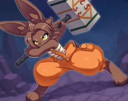 Size: 2048x1614 | Tagged: safe, artist:liet4649, bilac, lagomorph, mammal, rabbit, anthro, chibi, cub, female, solo female, young, shangri-la frontier, digital, fully shaded, baggy clothing, brown fur, digitigrade, fighting stance, front view, full-length portrait, fur, holding object, holding weapon, solo, war hammer, wielding weapon, yellow eyes