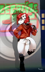 Size: 2500x4000 | Tagged: suggestive, artist:riverglaive, oc:blair (briggs), canid, dalmatian, dog, mammal, anthro, boy, cub, male, solo boy, solo cub, solo male, young, black fur, bottomless, butt, clothing, fur, graffiti, hair, hoodie, looking at you, looking back, looking back at you, outdoors, smiling, solo, white fur