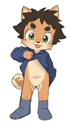 Size: 1442x2524 | Tagged: suggestive, artist:marimo manmosu, mokuji-kun, canid, dog, mammal, shiba inu, anthro, boy, cub, male, solo cub, solo male, young, little tail bronx, 4 fingers, balls, black hair, blue clothing, bottomless, censor bar, censored, clothing, eyebrows, flaccid, footwear, foreskin, front view, full frontal nudity, fur, genitals, green eyes, happy, humanoid genitalia, humanoid penis, intact penis, looking at you, navel, penis, presenting, shirt lift, shoes, sneakers, socks, solo, tail, tan body, tan fur, tongue, tongue out, topwear