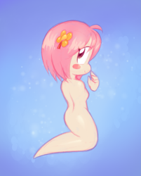 Size: 1065x1323 | Tagged: safe, artist:stinkek, worm, cub, female, girl, semi-anthro, solo female, solo girl, young, worms, colored, digital, sketch, sketchy, anthrofied, blush stickers, blushing, breasts, featureless breasts, full-length portrait, hair, hair accessory, hair clip, looking at you, looking back, looking back at you, pink hair, purple eyes, rear view, short hair, small breasts, smiling, solo