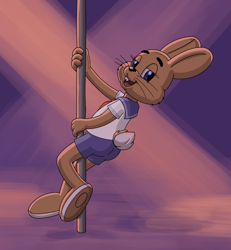 Size: 1000x1080 | Tagged: suggestive, artist:omatic, zayats, hare, lagomorph, mammal, rabbit, anthro, cub, male, plantigrade, solo cub, solo male, young, nu pogodi!, colored, digital, barefoot, bottomwear, butt, clothing, fur, looking at you, open mouth, open smile, pole, sailor, sailor outfit, shirt, shorts, smiling, solo, stripper pole, tail, uniform