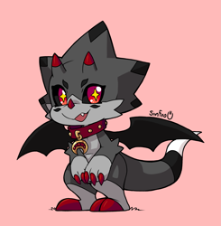 Size: 2937x3000 | Tagged: safe, artist:sinfrou, oc:astra lupus, digimon (species), gammamon, anthro, chibi, male, semi-anthro, solo male, digimon, cel shaded, alternate species, black sclera, black wings, claws, collar, fang, grey body, horn, looking at you, membranous wings, nudity, red eyes, solo, sparkling eyes, standing, star eyes, tail, teeth, wings