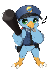 Size: 713x1000 | Tagged: safe, artist:marimo manmosu, twitter bird, avian, bird, ambiguous gender, anthro, cub, young, twitter/x, cel shaded, baton, beak, blowing whistle, blue body, blushing, bottomless, clothing, front view, full-length portrait, green eyes, hat, headwear, holding baton, holding object, holding weapon, kemono, looking at you, peaked cap, police, police hat, police uniform, standing, topwear, uniform, weapon, whistle, wielding weapon, wings