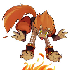 Size: 1227x1176 | Tagged: safe, artist:notfornothin, flamemon, cub, male, young, series:wired wilds, digimon, digital, barefoot, blep, clothing, fire, fluffy tail, horns, jumping, solo, tongue out, topless