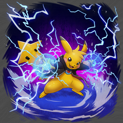 Size: 1200x1200 | Tagged: safe, artist:haychel, unknown oc, generation 1 pokemon, pikachu, pokemon (species), semi-anthro, pokémon, action pose, electricity, electricity manipulation, featureless crotch, front view, looking at you, smiling, spread arms, zipper hoodie
