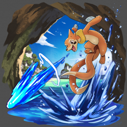 Size: 1200x1200 | Tagged: safe, artist:haychel, oc:buice, buizel, generation 4 pokemon, pokemon (species), feral, male, semi-anthro, solo male, pokémon, action pose, arms up, breaching, breath weapon, jumping, looking down, open mouth, outdoors, seaside, sharp teeth, solo, water, water manipulation