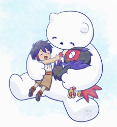 Size: 1838x2000 | Tagged: safe, artist:dragonwilbert, falcomon (savers), ikuto noguchi, digimon (species), falcomon, frigimon, human, mammal, anthro, chibi, cub, female, male, semi-anthro, young, digimon, digimon savers, adopted son, adoptive mother, closed eyes, hug, sitting, size difference, smiling