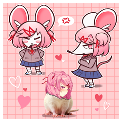 Size: 2000x2000 | Tagged: safe, artist:bunijayy, natsuki (ddlc), mammal, rat, rodent, anthro, chibi, cub, female, girl, plantigrade, solo cub, solo female, solo girl, young, doki doki literature club, colored, digital, alternate species, anger, blazer, blush stickers, clothing, crossed arms, furrified, hair accessory, hands on hips, looking at you, open mouth, pigtails, pink eyes, pink hair, school uniform, schoolgirl uniform, skirt, solo, standing, tail, uniform, white body