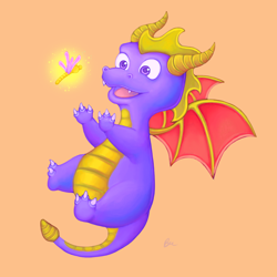 Size: 1000x1000 | Tagged: safe, artist:lunairetic, sparx the dragonfly, spyro, dragon, dragonfly, insect, mythological creature, boy, chibi, cub, feral, male, males only, young, spyro the dragon, colored, digital, drill tail, duo, open mouth, purple body, purple eyes, tail, weapon tail, wings