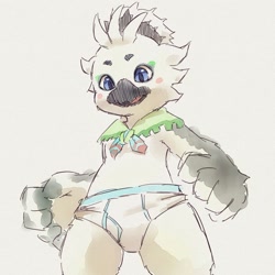 Size: 1200x1200 | Tagged: safe, artist:apluss, tulin, avian, bird, rito, anthro, cub, male, solo cub, solo male, young, legend of zelda, digital, sketch, beak, black beak, blue eyes, blushing, briefs, clothing, feathers, fist, low-angle view, solo, three-quarter portrait, topless, underwear, white body, white briefs, white clothing, white feathers, white underwear, winged arms